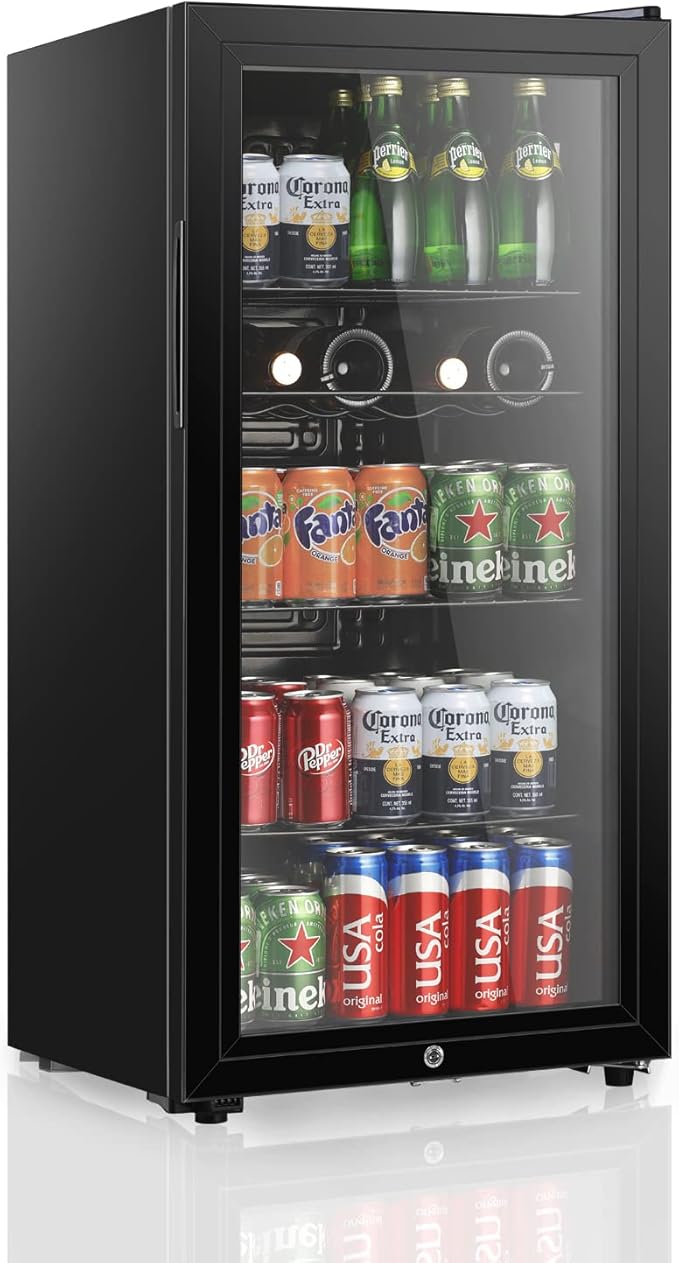 LANG Beverage Refrigerator, 4.5 Cu.Ft, Mini Fridge with Glass Door for Soda Beer, Freestanding Beverage Cooler for Office, Bar, Adjustable Shelving&Adjustable Foot-DeskLoop Office