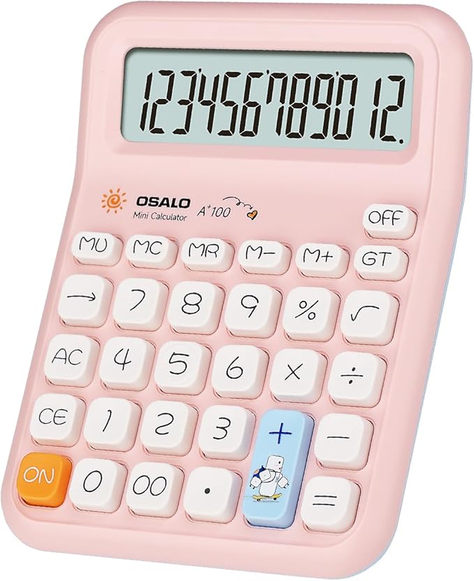Pendancy Pink Calculator for Kids, Cute Small Calculators Desktop 12 Digit, Basic Function Large LCD Display Big Buttons, for Office, School, Home Use OS-A100 (Pink)-DeskLoop Office