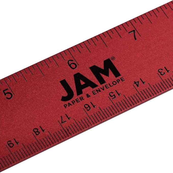 JAM PAPER Strong Aluminum Ruler - 12 Inch - Metal Ruler with Non-Skid Cork Backing - Red Metallic - Sold Individually-DeskLoop Office