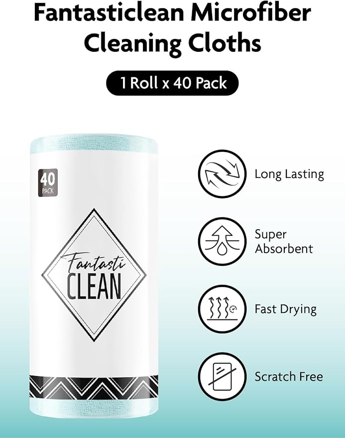 Fantasticlean Microfiber Cleaning Cloth Roll -40 Pack, Tear Away Microfiber Towels, 12" x 12", Reusable, Washable, Scratch Free, Ultra Absorbent Dish Rags for Car, Home, Garage or Shop (Blue)-DeskLoop Office