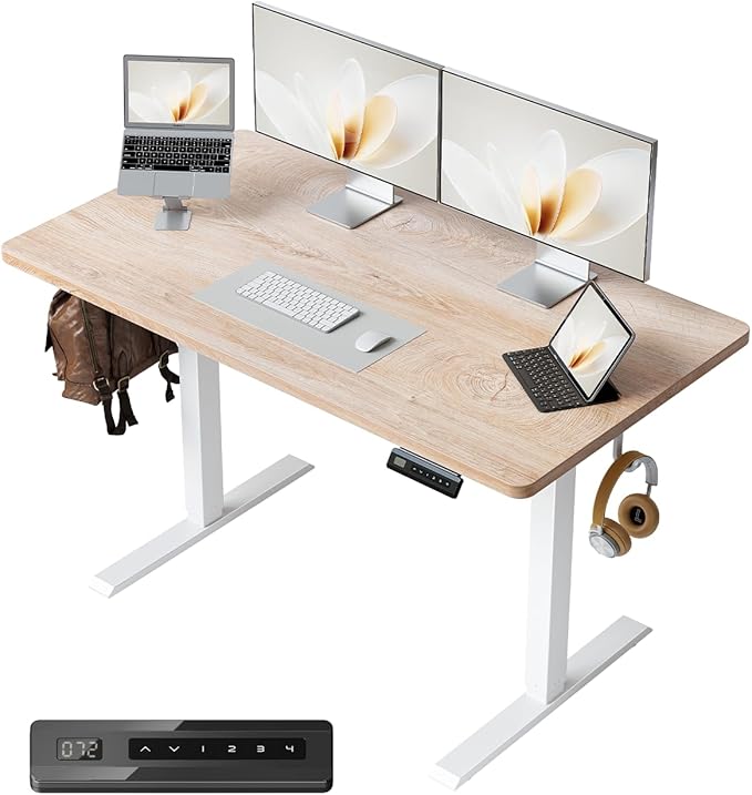 FEZIBO One-Piece Standing Desk Adjustable Height Stand up Home Office Desk, 48x24 Inch Electric Standing Computer Desk, with 4 Memory Presets, Fixable casters, Maple-DeskLoop Office