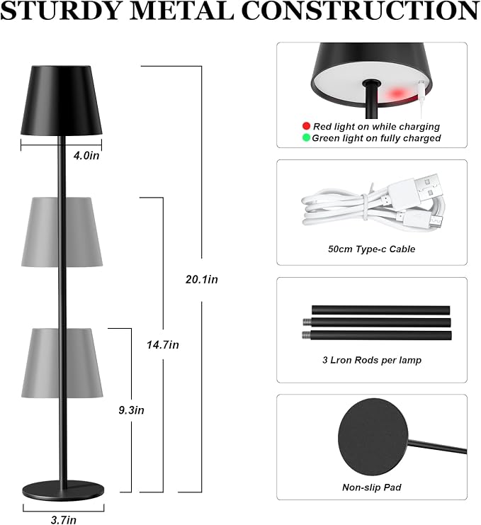 Kakanuo 20" Black Cordless Table Lamp Rechargeable - Image 2