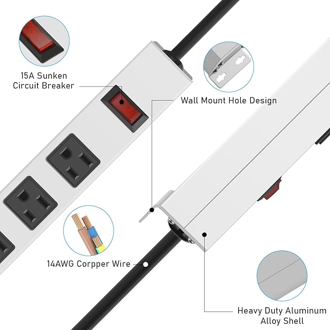 JUNNUJ Metal 16 Outlet Power Strip, Mountable Heavy Duty Power Strip, 1200J Surge Protector Wall Mount Screws Outlet with Switch, Gaming Desk Strips Wide Spaced 15A 125V 1875W, 6 FT 14AWG Power Cord-DeskLoop Office