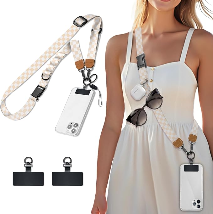 Icycay Phone Lanyard Crossbody, Apricot Checkered Cell Phone Strap by Icycay