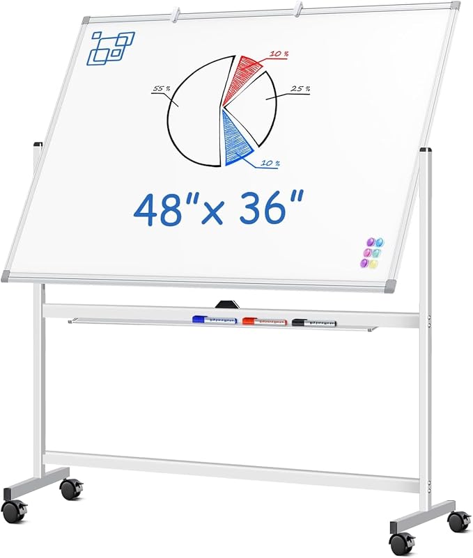 Large Rolling White Board, 48x36 in Double-Sided Mobile Whiteboard, maxtek by Maxtek
