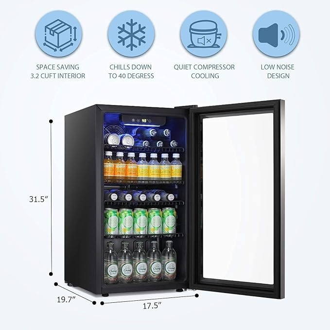 Antarctic Star Beverage Refrigerator Cooler -120 Can Glass Door Mini Fridge, for Soda Cola Beer or Wine Constant Glass Door Small Drink Dispenser Clear Front Door for Home, Bar 3.2cu.ft-DeskLoop Office