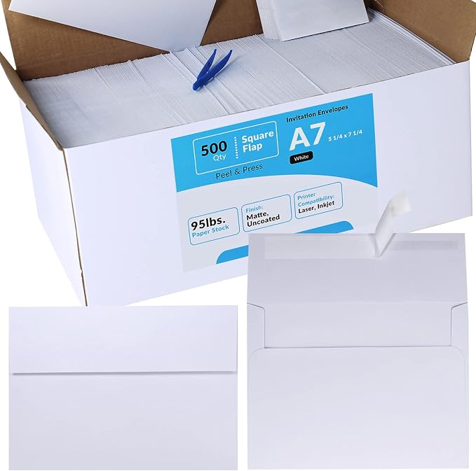 500 Pcs White A7 Invitation Envelopes 5 1/4 x 7 1/4 Square Flap Envelopes Self - Image 2