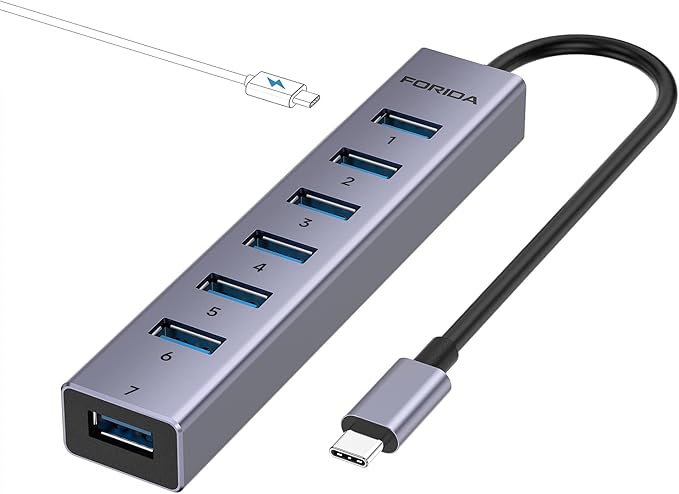 FORIDA USB C to USB Hub, 8 Ports USBC HUB with 7 USB 3.0 Data Ports, Aluminum Alloy Shell USB Splitter with USB C 5V/3A Power Port for Laptop PC and More-DeskLoop Office