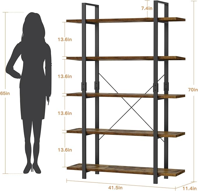 FRAPOW 5 Tier Bookshelf, 70 inch Tall Solid Bookcase Industrial Wooden Bookshelves Large Wall Etagere Rustic Vintage Book Shelf with Metal Frame Open Storage Rack for Living Room Home Office-DeskLoop Office