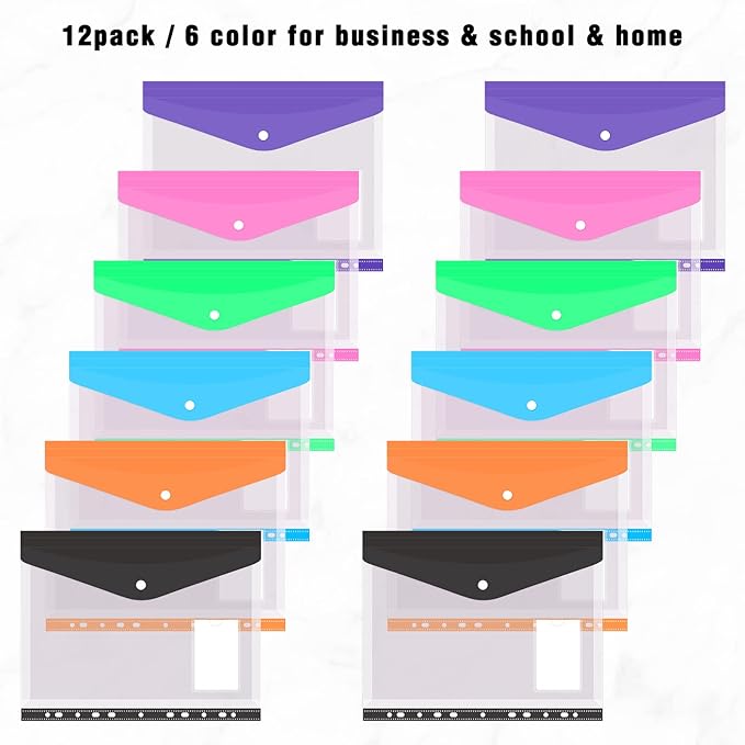 Colorlife Binder Pocket 12 Pack Plastic Envelopes Binder Folders 11 Holes - Image 4