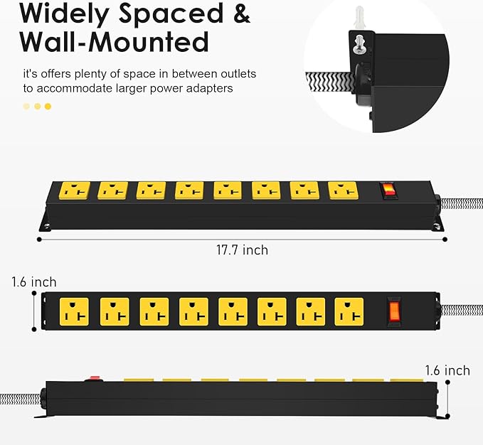 20Amp Power Strip Surge Protector, Durable Metal 8-Outlets with Heavy Duty 20 amp 15Ft 12 Gauge Extension Cord for Garage Workshop & Industrial Use, 1200J-DeskLoop Office