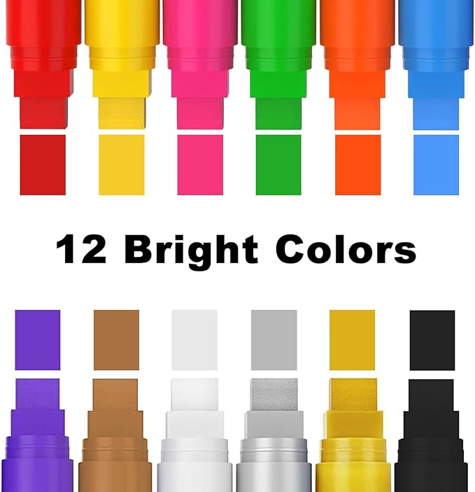 12 Colors Washable Window Markers for Cars, 15mm Jumbo Liquid Chalk Markers, 3 in 1 Nib, Metallic & Neon Paint Glass Pen for Auto, Chalkboard, Blackboard, Bistro, Menus and Any Non-Porous Surface-DeskLoop Office