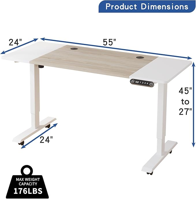 Electric Height Adjustable Standing Desk, 55 x 24 inches Sit - Stand Desk for Work or Home Office Push Button Memory Settings Oak+White Splice Board/White Frame-DeskLoop Office