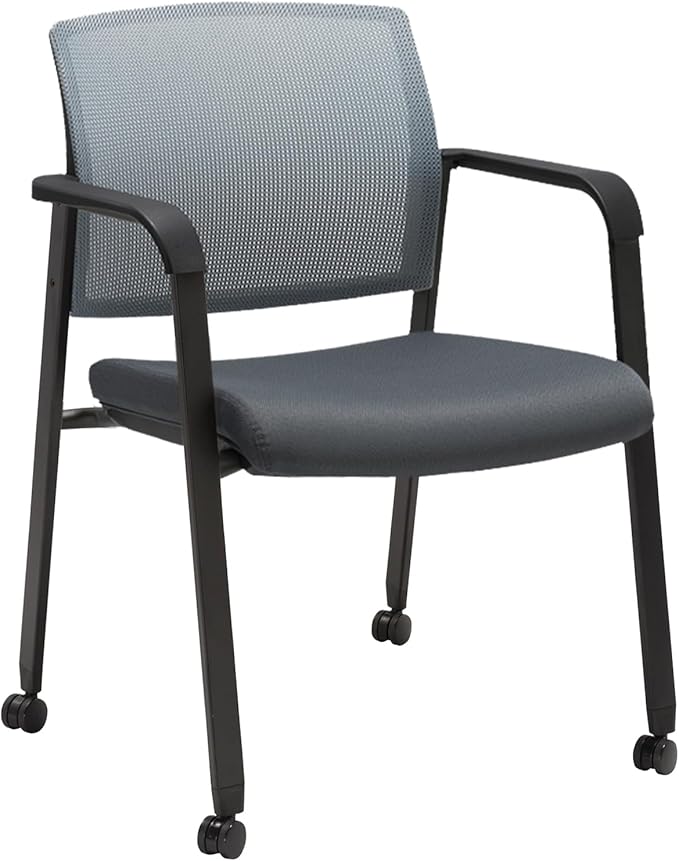 CLATINA Grey Waiting Room Chair with Wheels Mesh Back Stacking Arm Chairs with Upholstered Fabric Seat and Ergonomic Lumbar Support for Office School Church Guest Reception-DeskLoop Office