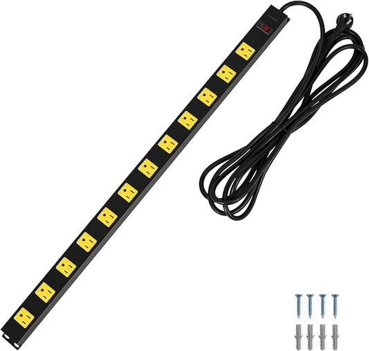 SURAIELEC 12 Outlet Long Metal Power Strip, 15 FT Cord Surge Protector, Angled Flat Plug, Wide Spaced Outlet Power Bar, 15A Breaker, Wall Mountable, Industrial Heavy Duty for Work Bench, Shop, Garage-DeskLoop Office
