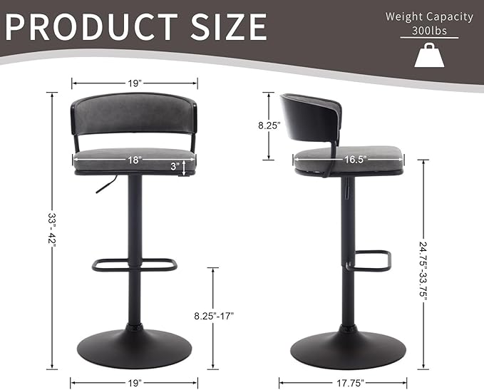 Adjustable Modern Bar Stools Set of 2 Faux Leather Barstools Swivel Counter Height Bar stools with Curved Back/Black Metal Base Comfy Upholstered Bar Chairs for Kitchen Island, Grey-DeskLoop Office