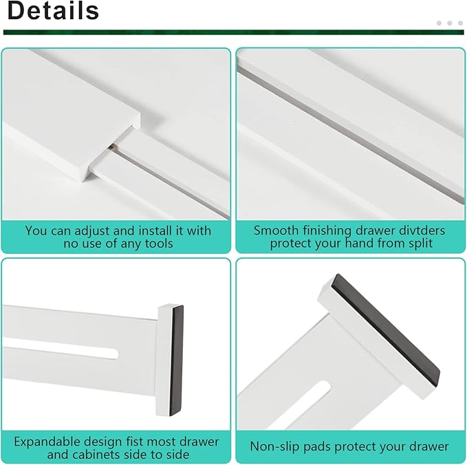 FJO 4 Pack Adjustable Bamboo Drawer Dividers - 11.8" - 17" Expandable Drawer Separators for Kitchen, Utensils, Clothes, Bedroom, Dresser, Bathroom (White)-DeskLoop Office
