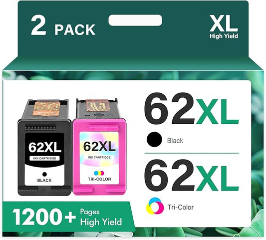 62XL 62 Ink Cartridges Black and Color Combo Pack Remanufactured Replacement for HP 62XL 62 Ink Envy 7640 5660 5540 7645 5740 5746 OfficeJet 250 200 Printer,Black,Tri-Color,2-Pack-DeskLoop Office