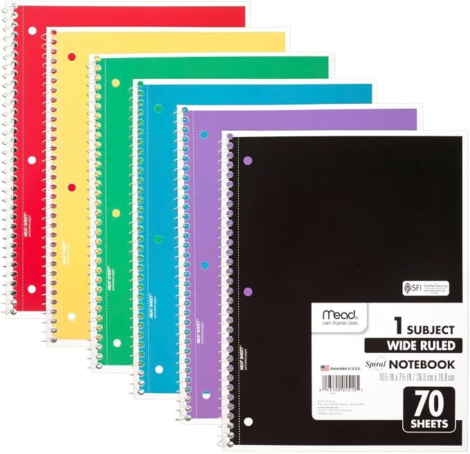 Mead Spiral Notebook, 6 Pack, 1 Subject, Wide Ruled Paper, 7-1/2" x 10-1/2" by Mead