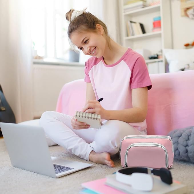 XQXA Pencil Pouch Cute Large Pencil Case Organizer, Multifunctional Big Capacity Pencil Pouch with 3 Compartmens, aesthetic school supplies Pencil Bag for Office Travel Men Women (01-Cherry Pink)-DeskLoop Office