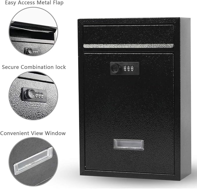 KYODOLED Locking Wall Mount Mailbox, Mail Boxes with Combination Lock for Outside, Security Drop Box with Code,12.4H x 8.54L x 3.35W Inches, Black-DeskLoop Office