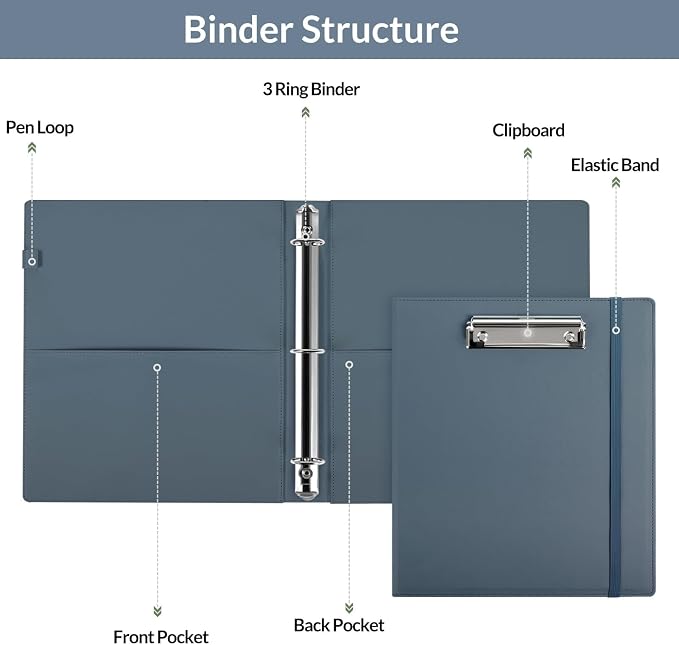 SKYDUE 3 Ring Binder with Clipboard, 13.2" × 10.2" Faux Leather 1 Inch Binder - Image 5
