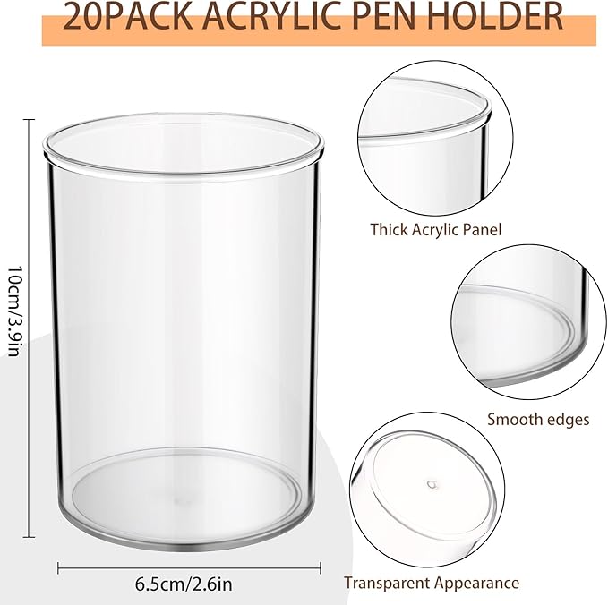 Crtiin 20 Pack Clear Acrylic Pen Holder Makeup Brush Round Pencil Holder for Desk Pen Cups Desk Organizers and Storage Desktop Stationery Organizer for Office School Home Supplies-DeskLoop Office
