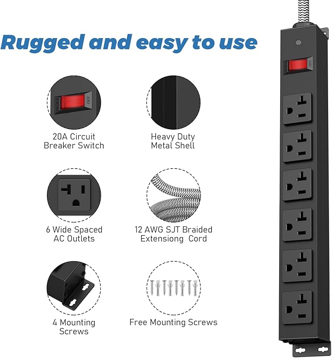 Heavy Duty Power Strip 20 amp Surge Protector,Wall mountable Power Strip,12 Gauge Extension Cord 5-15P Adapter High Amp 6-20R T-Slot Industrial Outlet,for Garage,Workshop & Industrial-DeskLoop Office