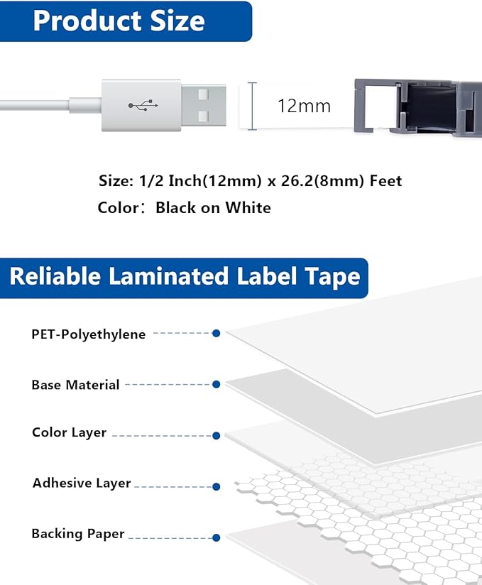 TZe TZ Tape 12mm 0.47 Inch Laminated White Compatible for P Touch Label Tape Refills for Ptouch PT-H110 D210 D220 D400 D600 Label Maker (Black on White, 10-Pack)