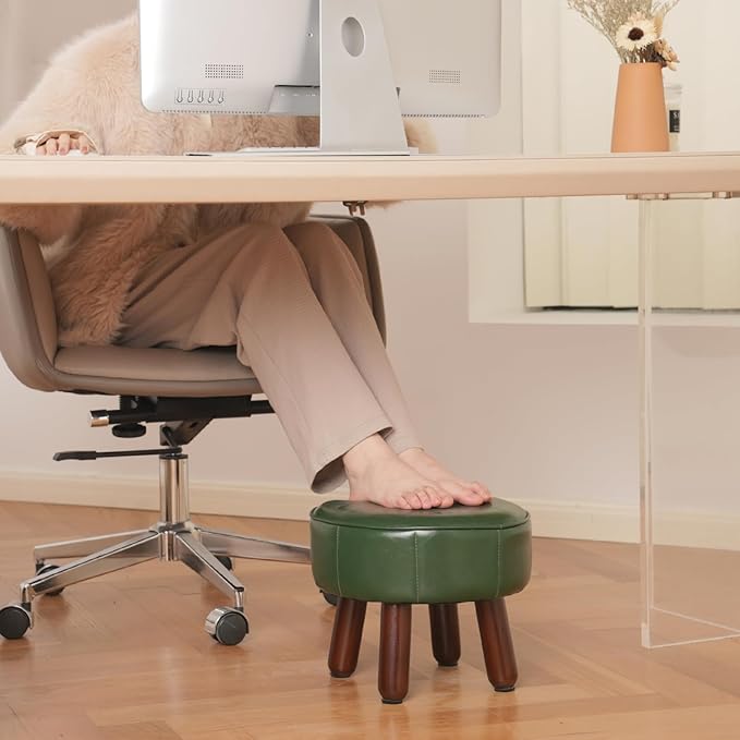 13in Small Foot Stool Ottoman, Round Faux Leather Foot Rest for Couch, Under Desk Pouf Footstool Footrest with Non-Skid Rubber Legs for Ling Room, Bedroom, 13''L x 13''W x 10.2''H, Green-DeskLoop Office