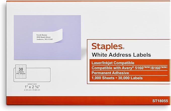 Staples Address Labels, Laser/Inkjet Compatible, Permanent Adhesive, 30 by Staples