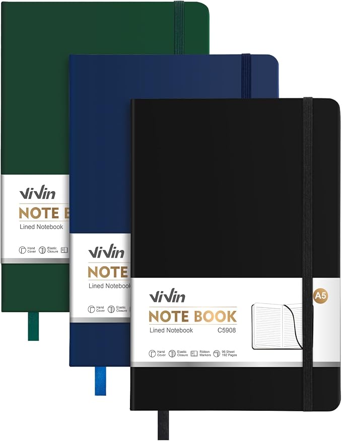ViVin Lined Journal Notebooks, 3 Pack, 192 Pages, Medium 5.5 x 8.3 inch by ViVin