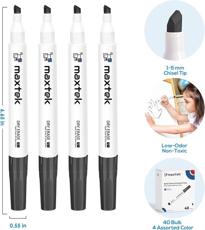 maxtek Low Odor Dry Erase Markers Chisel Tip, 40 Bulk Black Whiteboard Markers - Image 8