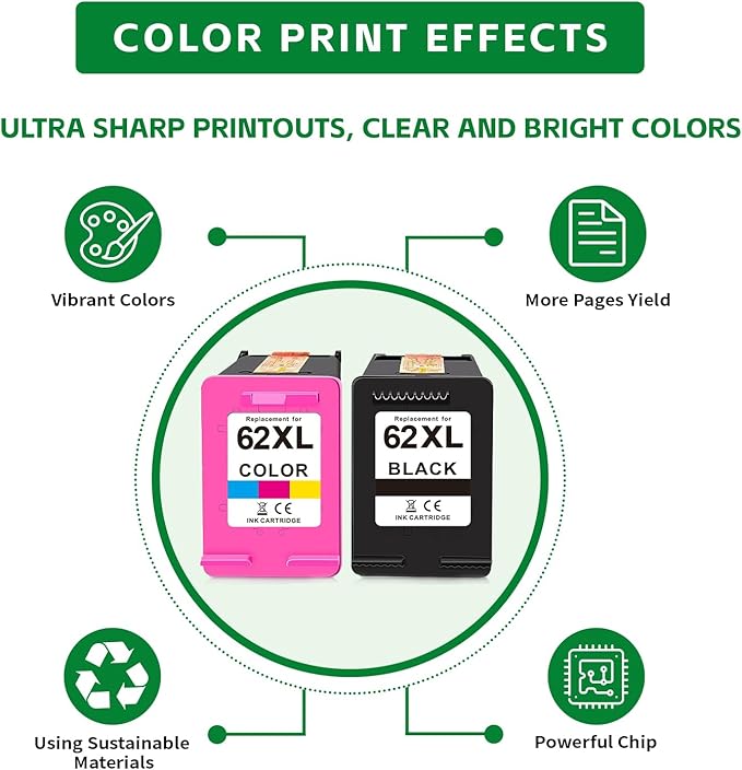 Replacement for HP 62xl Ink Cartridge Combo Pack - High Yield Ink Cartridges Compatible for hp Ink 62, Envy 5540 7640 7645 5660 OfficeJet 200 250 5740 Ink, Black, Tri-Color, 2 Pack-DeskLoop Office