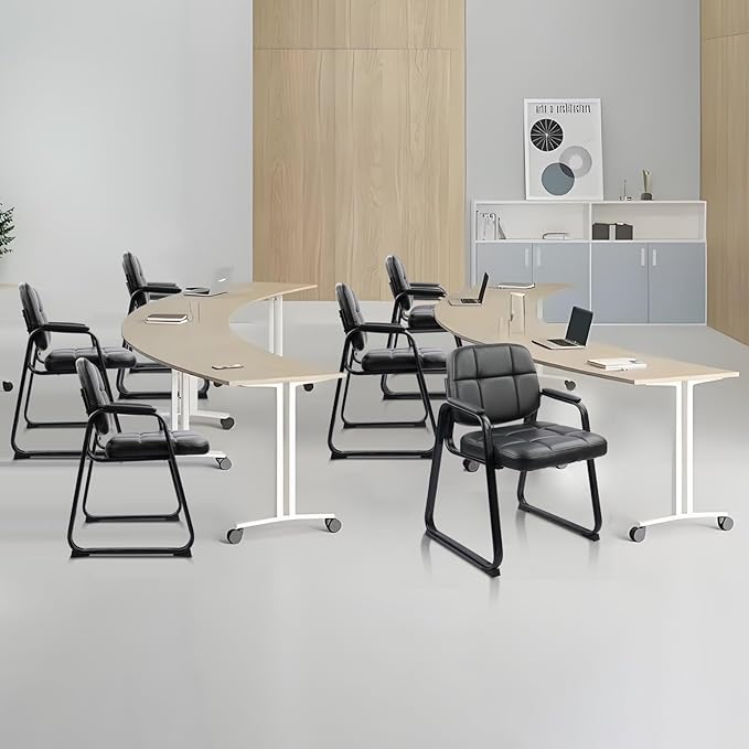 CLATINA Waiting Room Guest Chair with Bonded Leather Padded Arm Rest for Office Reception and Conference Desk Black with Sled Base 8 Pack-DeskLoop Office