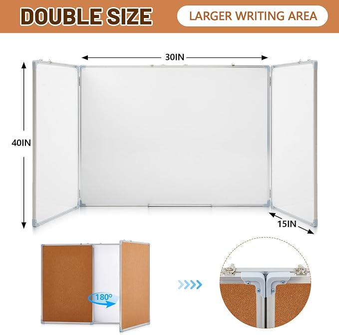 Mooliwe 60"x40" Tri-fold Cork Board Whiteboard Combo, Foldable Combination - Image 2