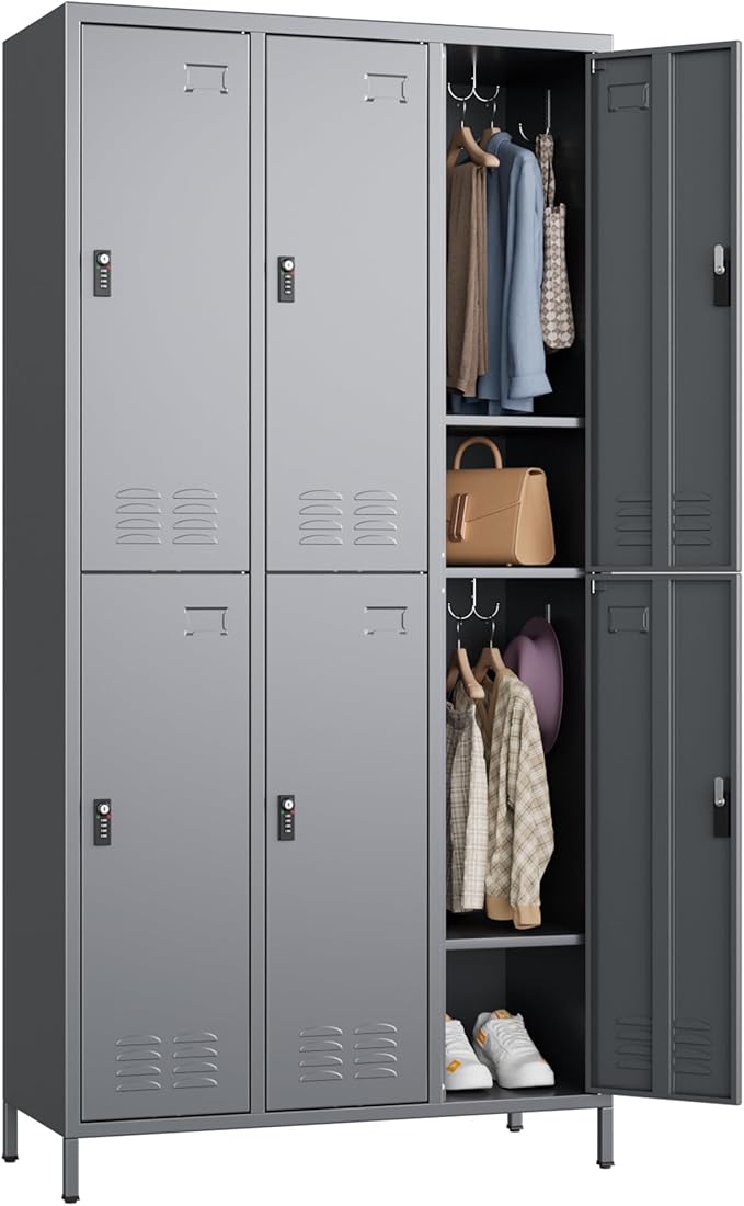 6 Doors Metal Locker for Employees with Combination Locks,Metal Lockers with Business Card Holder and 18 Hooks for School Garage Office Gym Home,Assembly Required,Dark Grey-DeskLoop Office