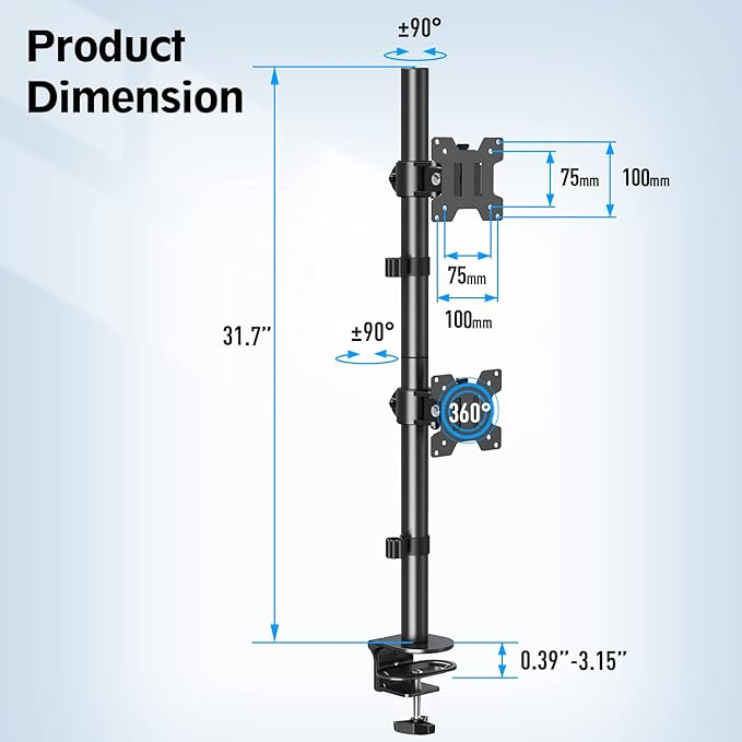 MOUNTUP Dual Monitor Stand, Vertical Monitor Mount for 2 Max 32 inch Stack Screen Monitors, Height Adjustable, Swivel, Tilt Monitor Desk Mount with C Clamp Grommet Base, MU3004-DeskLoop Office