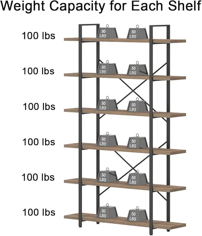 HSH Tall Bookcases and Book Shelves 6 Shelf, Metal Wooden Book Shelf and Storage Rack, Modern Etagere 6 Tier Bookshelf, Farmhouse Large Display Bookshelves for Bedroom Living Room Office, Rustic Oak-DeskLoop Office