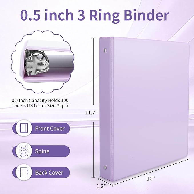 0.5 inch 3-Ring Binder, 1/2 inch Round Ring Binder with 2 Inside Pockets, Clear View Cover Binders Holds 8.5'' x 11''Paper，Pastel Color Binders for Office/Home/School Supply, 6 Pack-DeskLoop Office