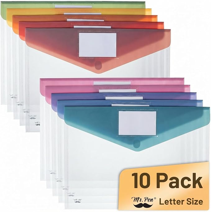 Mr. Pen- Clear Plastic Envelopes File Folders, 10 Pack, Letter Size | Colorful by MrPen