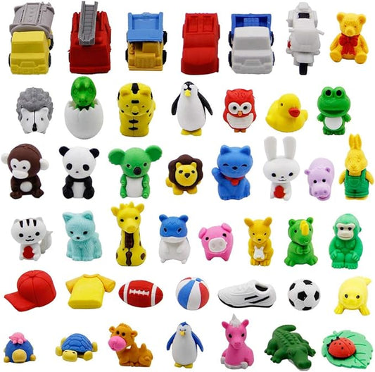 72 Pcs Assorted Animal Pencil Erasers Desk Pets, Bulk Mini Pencil Erasers Gifts for Classroom Prizes Reward Goodie Bag Easter Egg Fillers Party Favors (Animal and Car)-DeskLoop Office