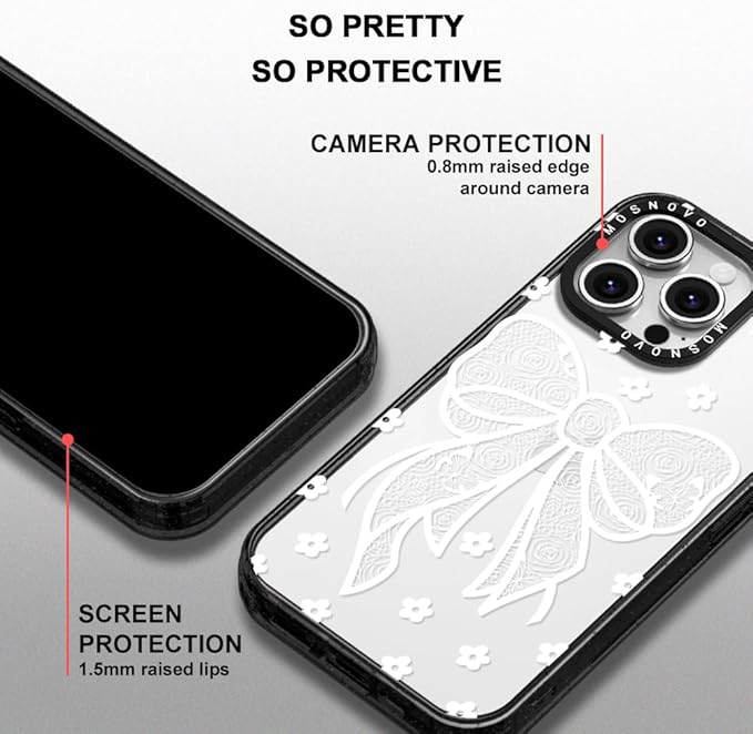 MOSNOVO Case for iPhone 16 Pro Max, [10ft 4X Military-Grade Drop Protection] Durable & Shockproof Phone Case Cover Design for iPhone 16 Pro Max - Lacey Bow - Clear Black-DeskLoop Office