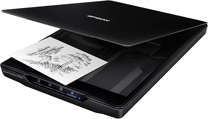 Epson Perfection V19 II Color Photo and Document Flatbed Scanner with 4800 dpi Optical Resolution, USB Power and High-Rise, Removable Lid-DeskLoop Office