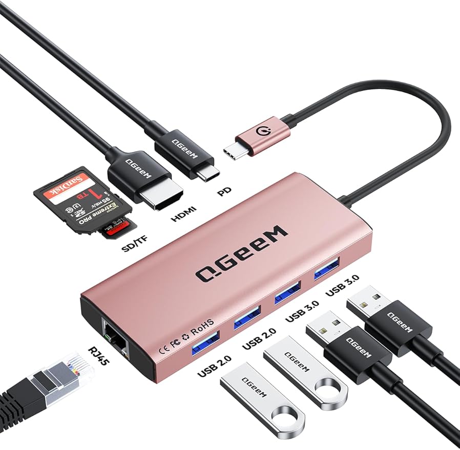 QGeeM USB C Hub Ethernet,9 in 1 USB Type C Hub HDMI Multi-Port Converter Adapter,100W Pd, USB 3.0,SD/TF Card Reader,Compatible for MacBook Pro Air Ipad HP Dell Lenovo Chromebook etc.-Pink-DeskLoop Office