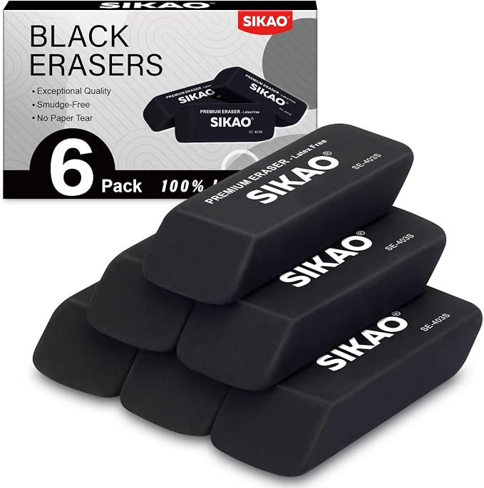 Black Erasers, 6 Pack Block Pencil Erasers | Latex-Free & Smudge-Free Beveled by Sikao