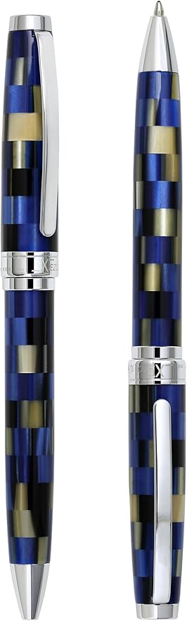 Xezo Urbanite Ballpoint Pen, Medium Point. Retro Blue, Black, and Cream Checkered Acrylic on Brass and Aluminium. Chrome Plated. Limited Edition and Serialized. No Two Alike-DeskLoop Office