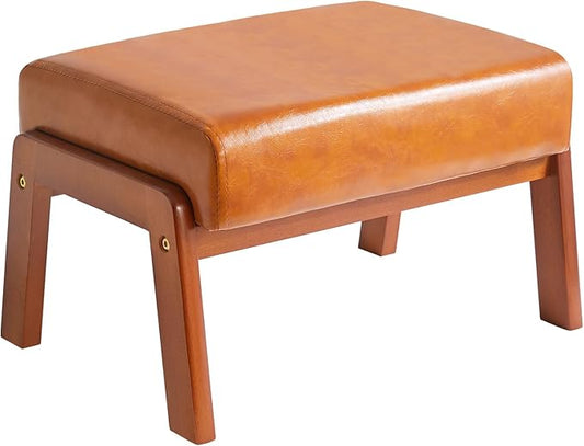 IBUYKE 10.2” H Small Foot Stool Ottoman, Rectangle PU Faux Leather Foot Rest with Padded Seat and Wood Legs, Modern Ottoman Foot Rest for Living Room Bedroom Couch Office, Yellowish-Brown WBD013J-DeskLoop Office
