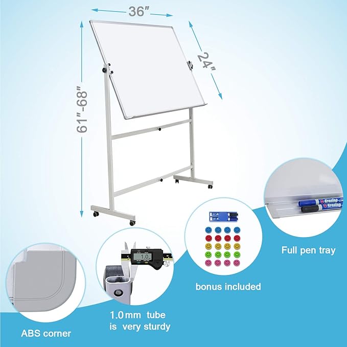 Mobile Dry Erase Board Magnetic Whiteboard on Wheels (Aluminium Frame) 36"x24" Portable White boards with Rolling Stand for Classroom, Office, Home-DeskLoop Office