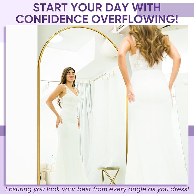 Full Length Mirror, 91"x46" Oversized Floor Mirror Freestanding, Full Body Mirror Floor Standing Mirrors with Stand, Hanging Mounted Mirrors for Bedroom Living Room, Gold, Arched Style-DeskLoop Office